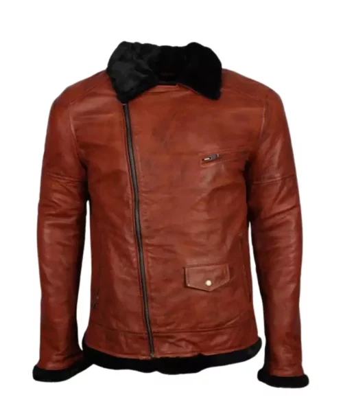 Cross Zipped Brown Leather Fur Lining Jacket