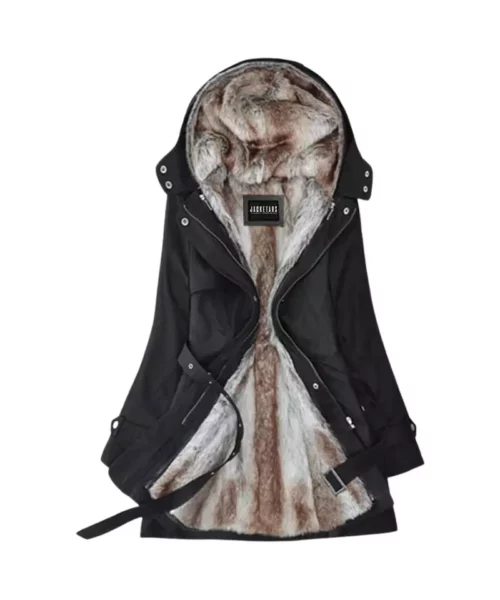 Winter Casual Hooded Zip Up Fur Coat With Drawstring Waist
