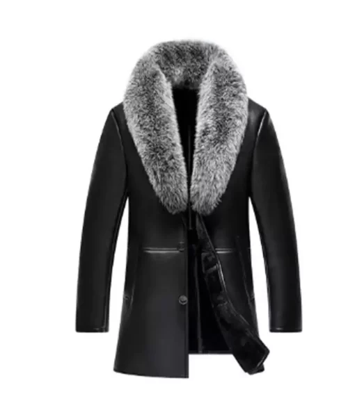 Black Winter Fur Lining Genuine Leather Coat