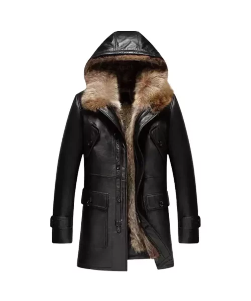 Black Genuine Leather Fur Collar Coat For Winter