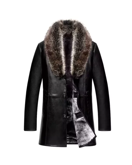 Genuine Leather Lapel Collar Coat With Fur