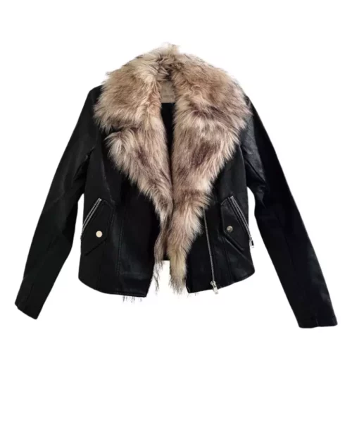 Leather Sheepskin Black Jacket With Real Fox Brown Fur Collar