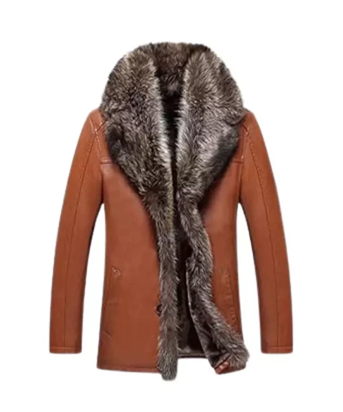 Brown Fur Lined Collar Genuine Leather Coat