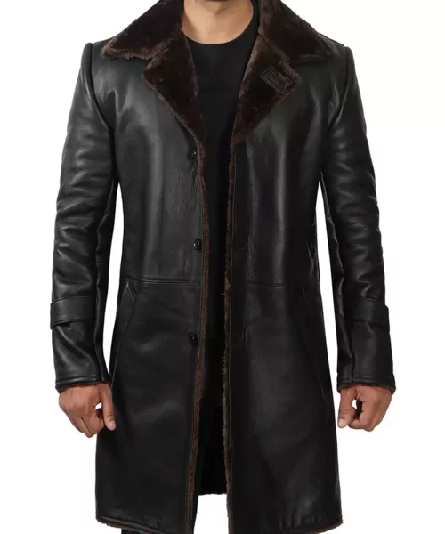Men's Black Shearling Leather Long Coat