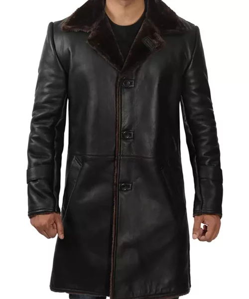 Men's Black Shearling Leather Long Coat