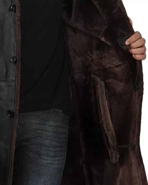Men's Black Shearling Leather Long Coat