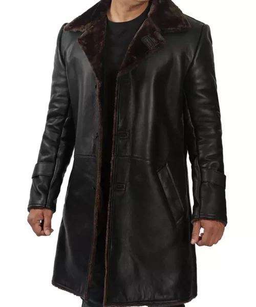 Men's Black Shearling Leather Long Coat