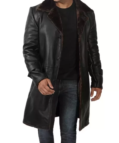 Men's Black Shearling Leather Long Coat