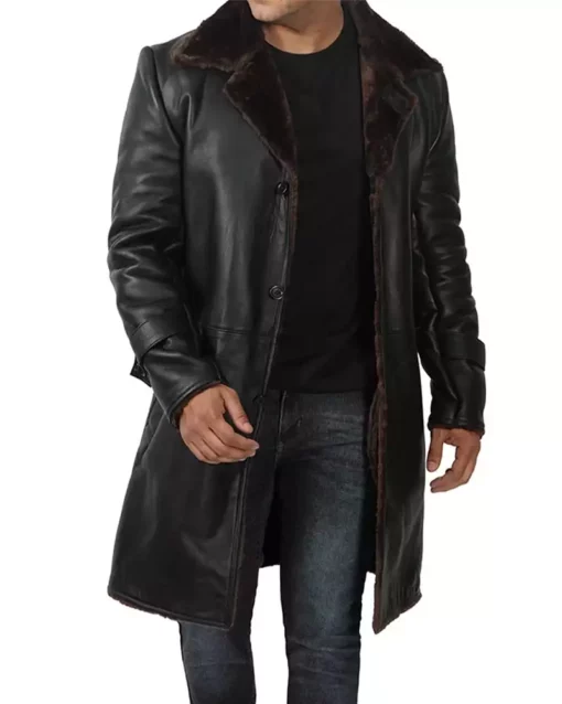 Men's Black Shearling Leather Long Coat