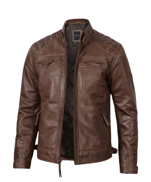 Quilted Shoulder Coffee Brown Biker Leather Jacket