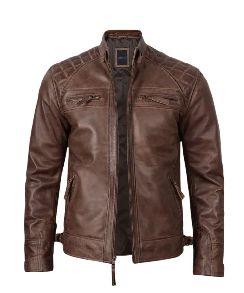 Quilted Shoulder Coffee Brown Biker Leather Jacket