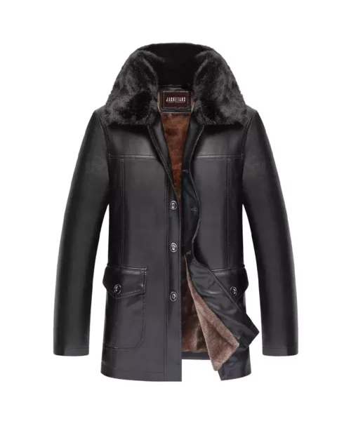 Men’s Long Plush Genuine Fur Leather Coat