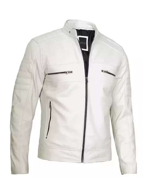 Men's Off White Café Racer Leather Jacket