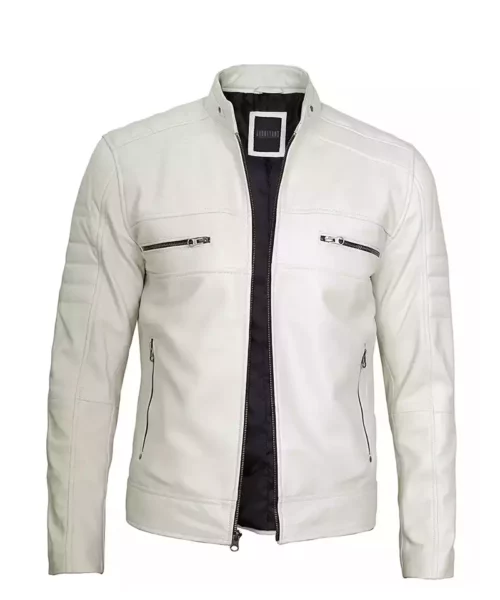 Men's Off White Café Racer Leather Jacket