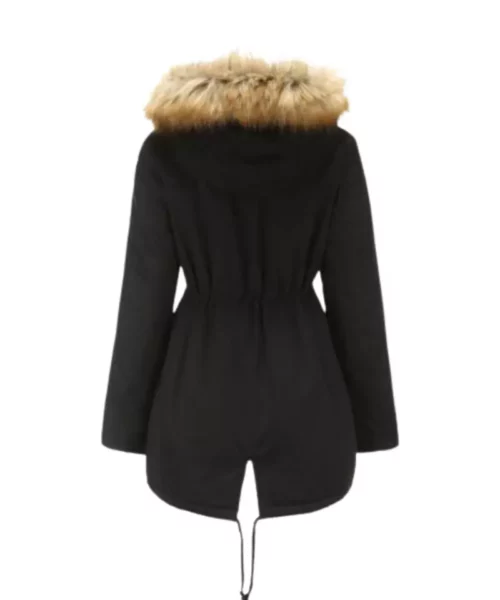Winter Hooded Zip Up Fur Trim Coat With Drawstring Waist