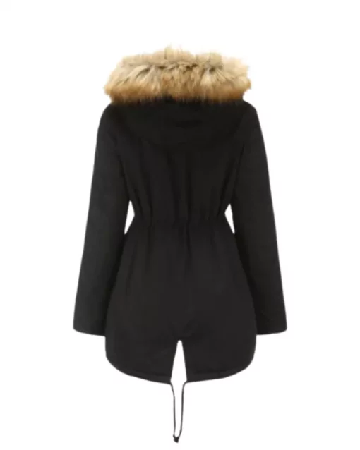 Winter Hooded Zip Up Fur Trim Coat With Drawstring Waist