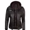 Rub Off Brown Leather Motorcycle Jacket With Removable Hood