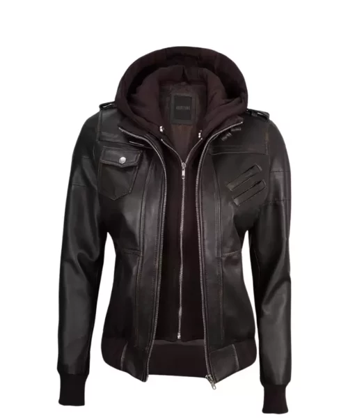Rub Off Brown Leather Motorcycle Jacket With Removable Hood