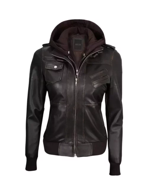 Rub Off Brown Leather Motorcycle Jacket With Removable Hood