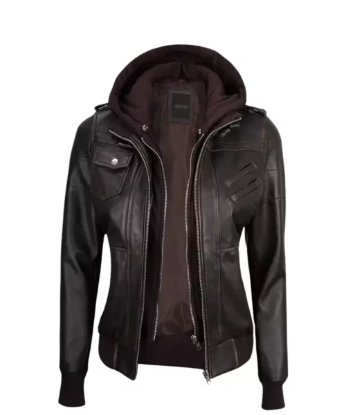 Rub Off Brown Leather Motorcycle Jacket With Removable Hood