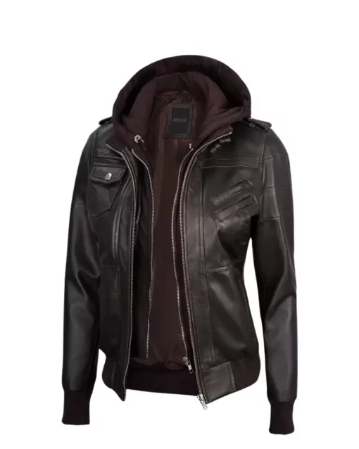 Rub Off Brown Leather Motorcycle Jacket With Removable Hood