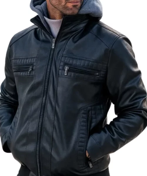 PU Leather Motorcycle Bomber Jacket with Removable Hood