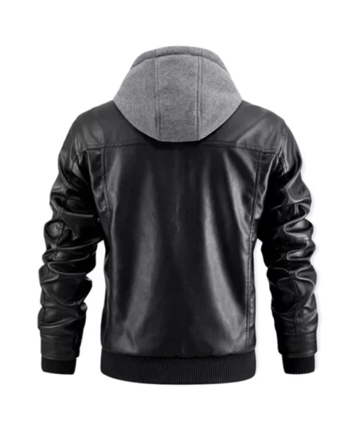 PU Leather Motorcycle Bomber Jacket with Removable Hood