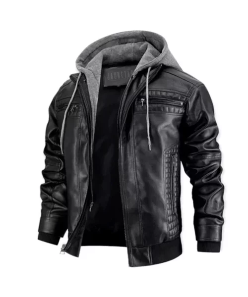 PU Leather Motorcycle Bomber Jacket with Removable Hood