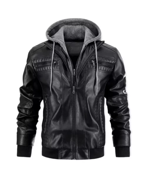 PU Leather Motorcycle Bomber Jacket with Removable Hood