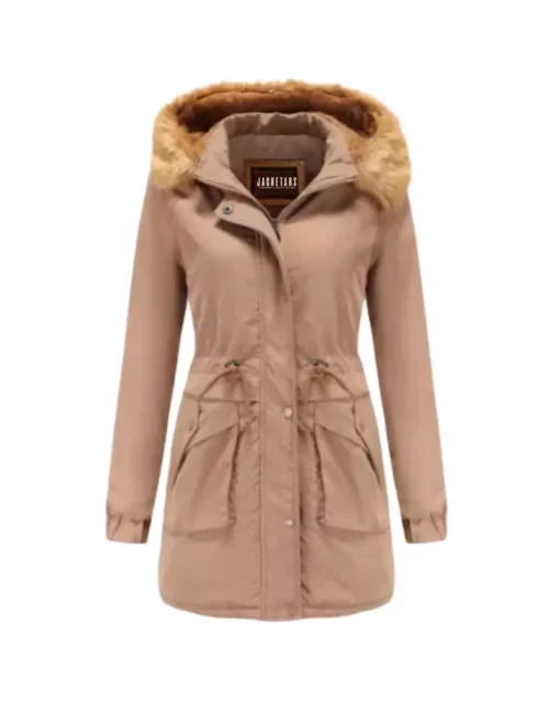 Light Peach Fleece Lined Suede Leather Coat With Fur Hoody