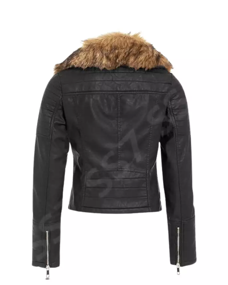 Women s Fur Lined Collar Black Biker Leather Jacket Jacketars
