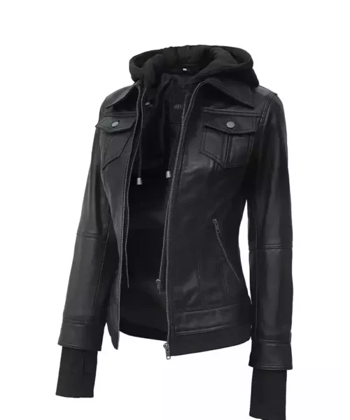 Women's Black Leather Motorcycle Jacket with Hood
