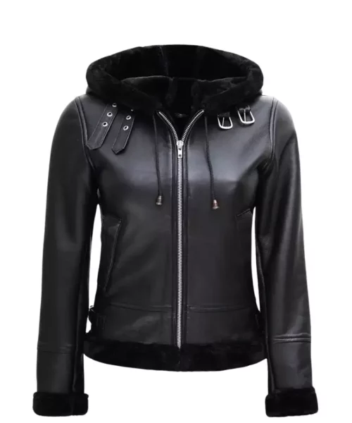 Women’s Black Shearling Leather Jacket With Hood