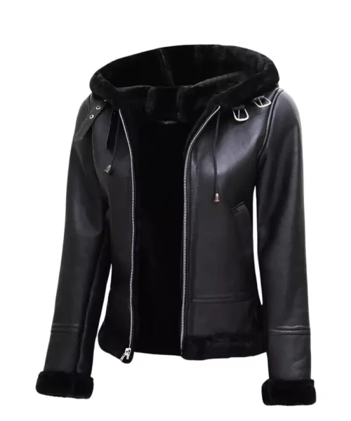 Women’s Black Shearling Leather Jacket With Hood