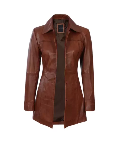 Women’s 3/4 Length Cognac Leather Coat
