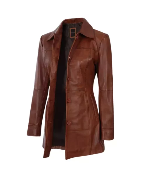Women’s 3/4 Length Cognac Leather Coat