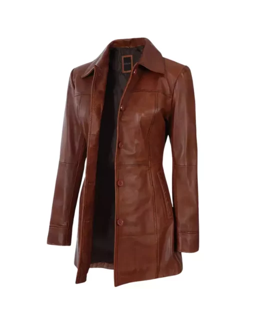 Women’s 3/4 Length Cognac Leather Coat