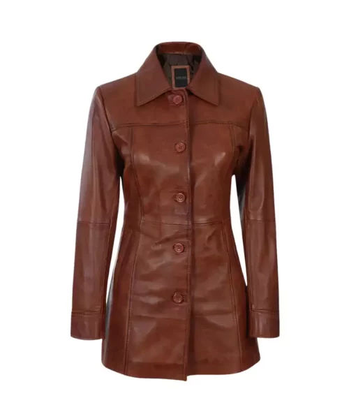 Women’s 3/4 Length Cognac Leather Coat