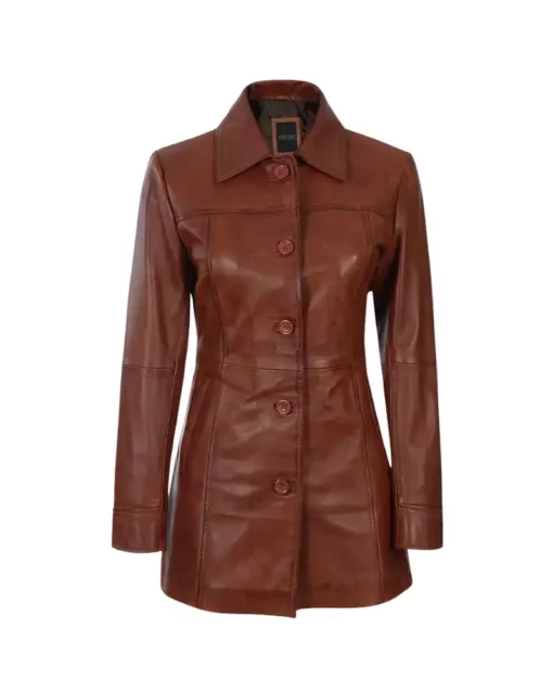 Women’s 3/4 Length Cognac Leather Coat