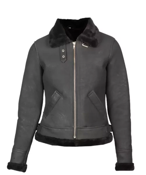 Black Shearling B-3 Leather Bomber Grey Jacket