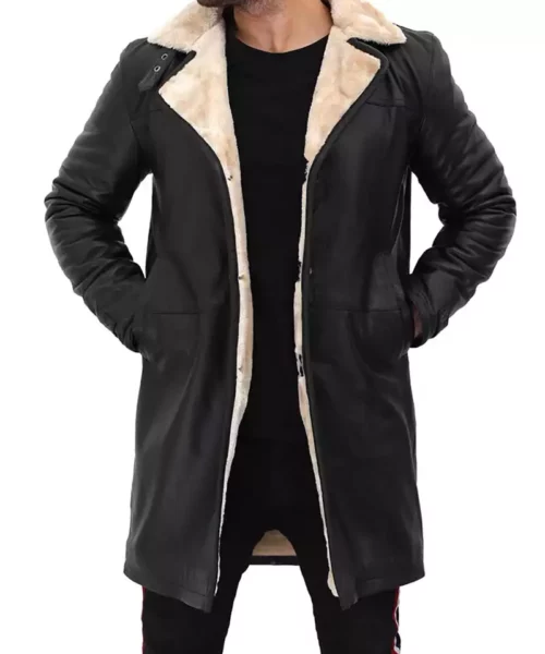 Dark Black Shearling Leather Winter Coat For Men