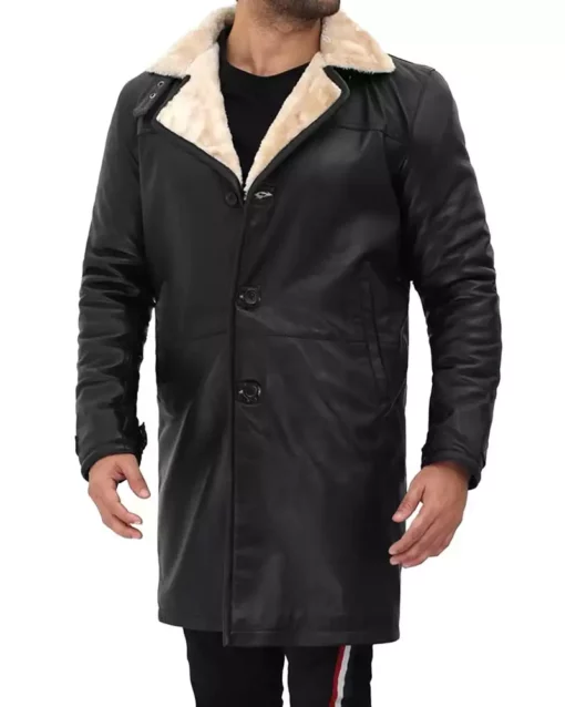 Dark Black Shearling Leather Winter Coat For Men