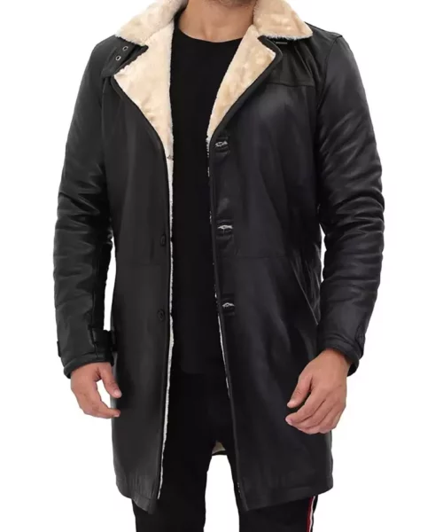 Dark Black Shearling Leather Winter Coat For Men