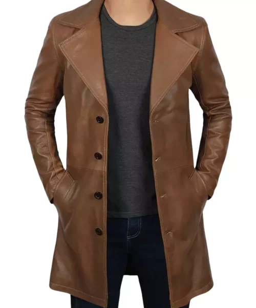 Men's 3/4 Length Brown Leather Coat - Waxed
