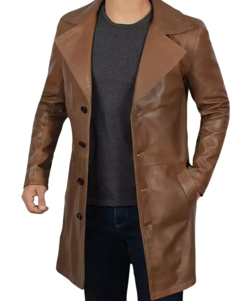 Men's 3/4 Length Brown Leather Coat - Waxed