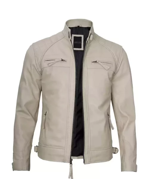 Men's Beige Color Quilted Cafe Racer Leather Jacket