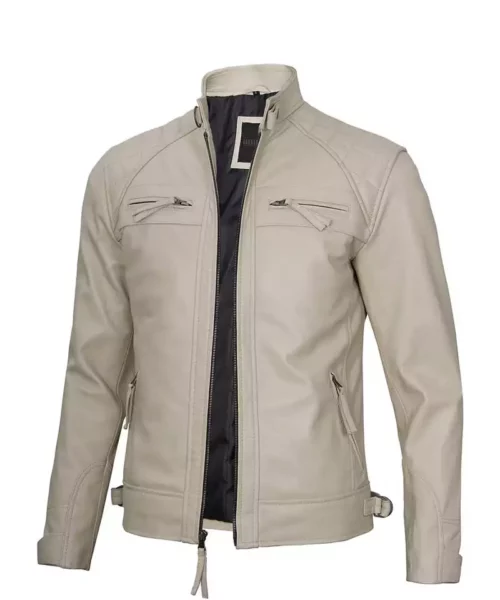 Men's Beige Color Quilted Cafe Racer Leather Jacket