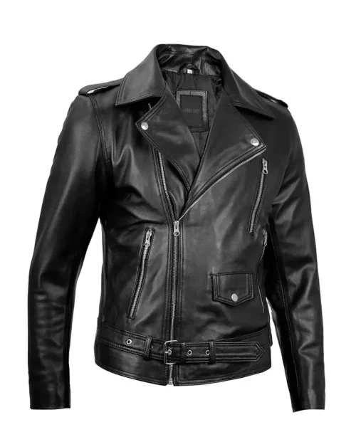 Men's Black Belted Moto Leather Jacket - Biker Style