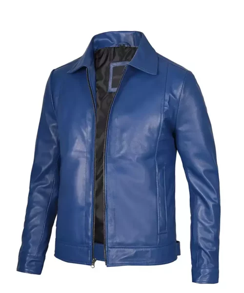 Mens Blue Shirt Collar Real Leather Jacket