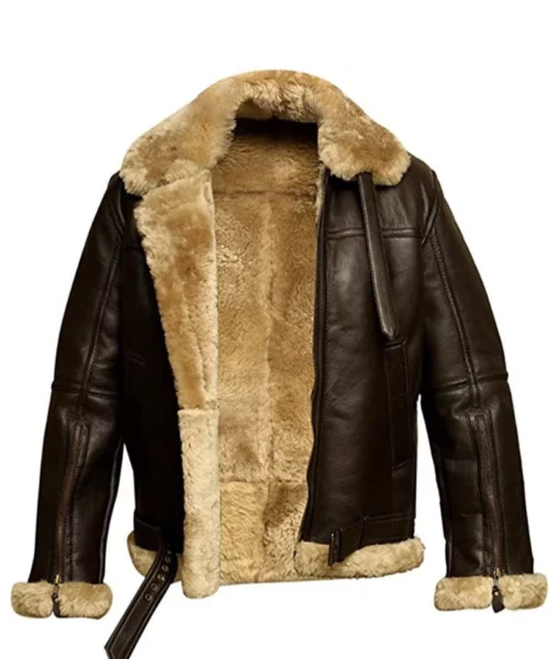 Men's Brown Shearling Lined Aviator Bomber Jacket - Premium Shearling Lining